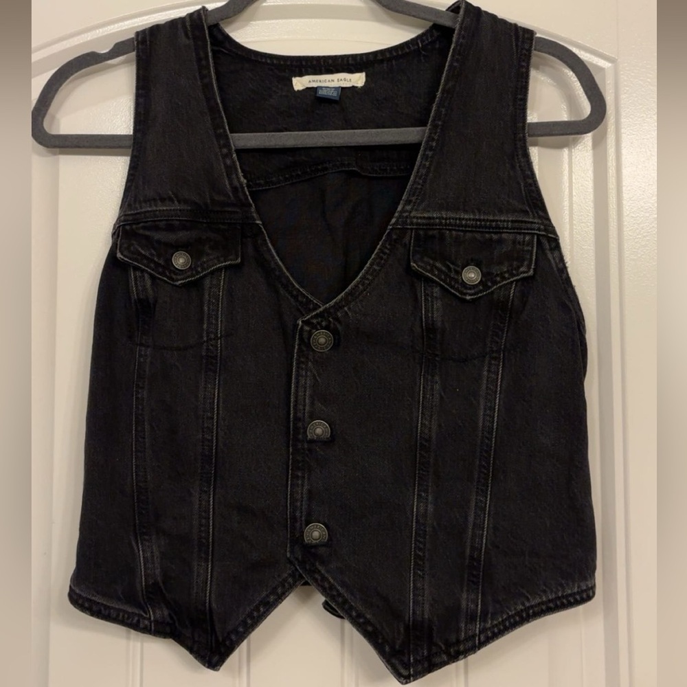 American Eagle Outfitters Black Denim Button-Down Vest